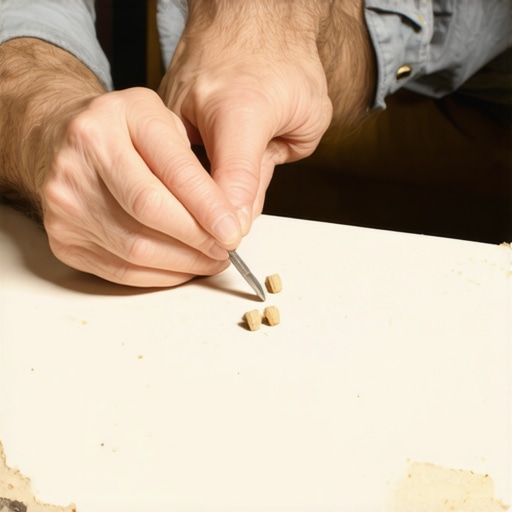 Person inserting wooden dowels into a damaged particle board screw hole for reinforcement