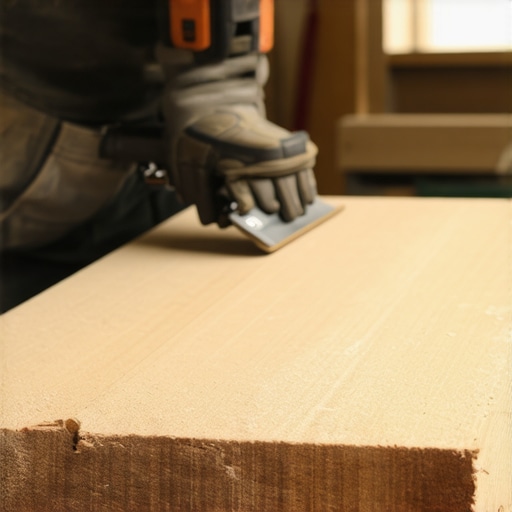 A craftsman smoothing plywood surfaces with a sander in a woodworking shop