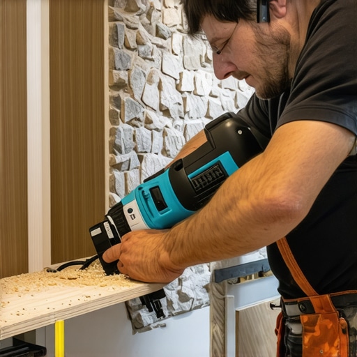 Carpenter cutting a filler strip to match uneven stone wall texture during cabinetry fitting