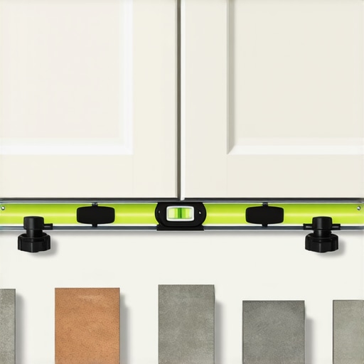 Close-up of shimming process beneath a kitchen cabinet showing leveling tools and shims.
