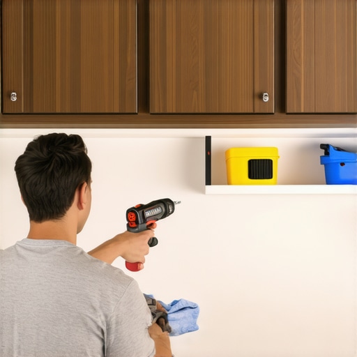 A handyman maintaining kitchen cabinets with screwdriver and cloth