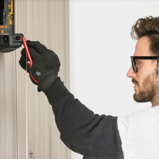 A homeowner or craftsman measuring support brackets in a kitchen with a laser device.