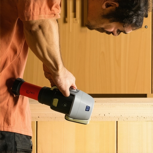 Technician smoothing a wood cabinet with a precision detail sander in a workshop setting