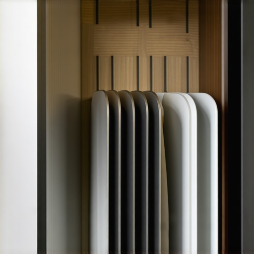 Interior view of custom wooden vertical slots inside a kitchen cabinet holding baking sheets.