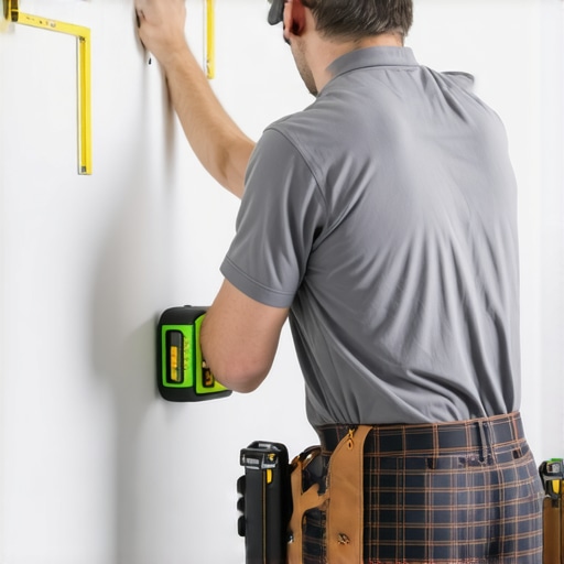 Carpenter using laser level and measuring tape for precise cabinet fitting.