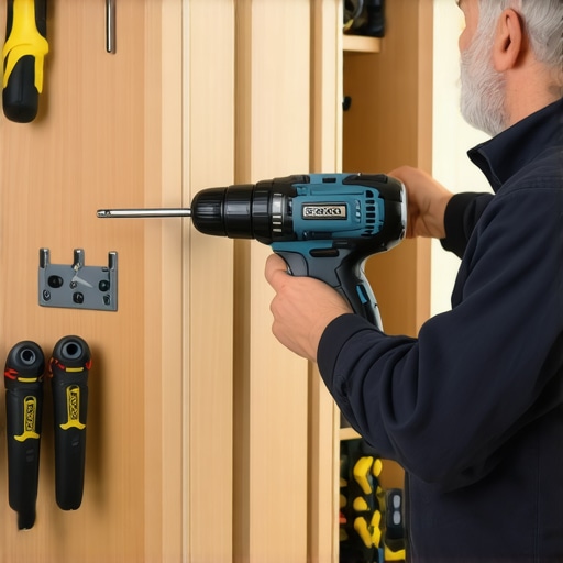 Person tightening cabinet hinges with a cordless drill in a workshop setting.