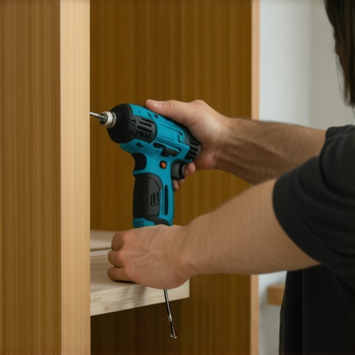 Homeowner tightening cabinet hinges with an electric screwdriver in a modern kitchen.