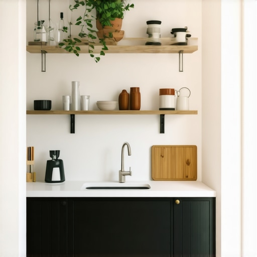 A well-organized small kitchen featuring custom cabinets, pull-out shelves, and vertical storage maximizing space.
