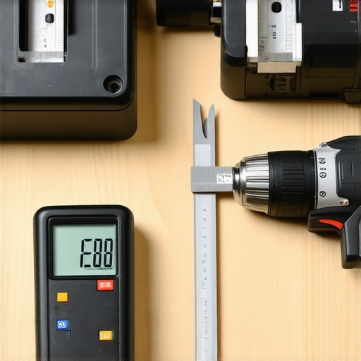 Essential Tools for Cabinet Maintenance A set of high-quality woodworking tools including a digital caliper, drill, and square laid out on a work surface.