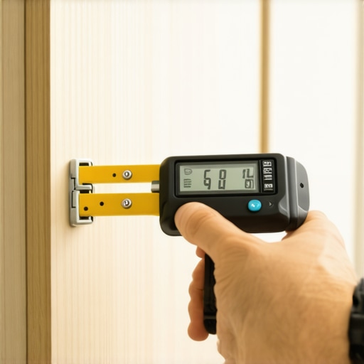 Person using digital level and screwdriver to check kitchen cabinets