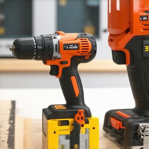 Cordless drill and laser level on a workbench for kitchen cabinetry