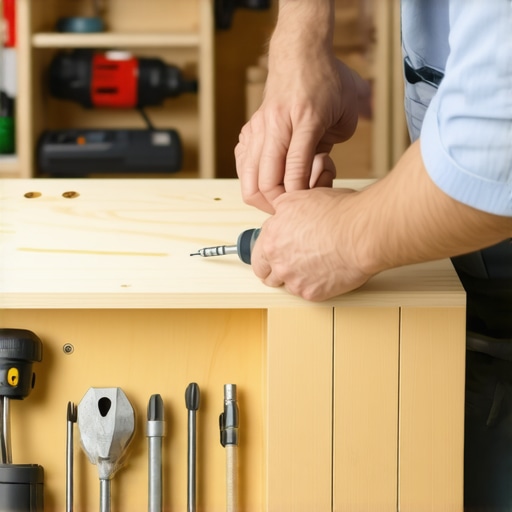 Expert Cabinet Maintenance in Action A skilled craftsman fine-tunes kitchen cabinet hinges using specialized tools