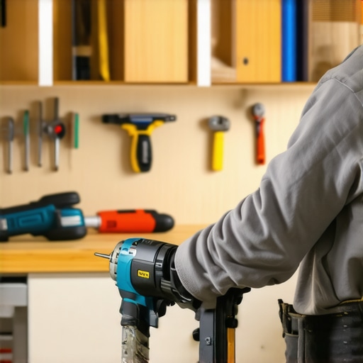 A handyman using a power tool to inspect and maintain built-in kitchen cabinets.