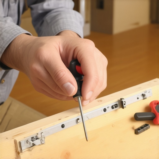 Homeowner Maintaining Custom Cabinets with Precision Tools Person tightening cabinet hinges with a screwdriver in a modern kitchen.
