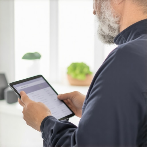 Person checking kitchen cabinet maintenance schedule on a tablet.