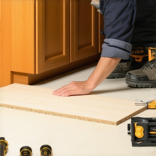 A worker installing a plywood support under kitchen cabinets on a sloped floor, ensuring stability and levelness.