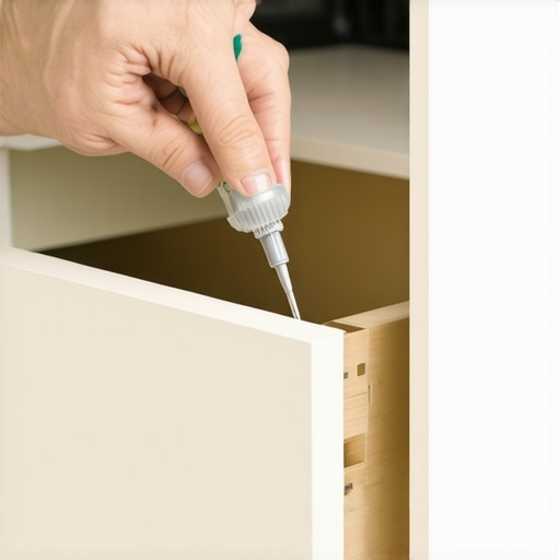 A hand applying silicone lubricant to a kitchen cabinet drawer slide to ensure smooth movement