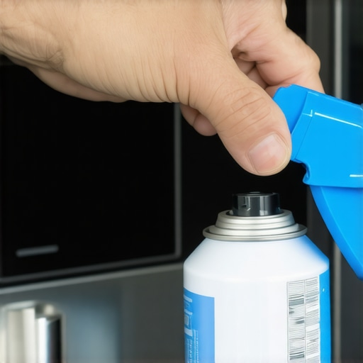 A person applying silicone lubricant to a kitchen appliance garage hinge for smooth operation.