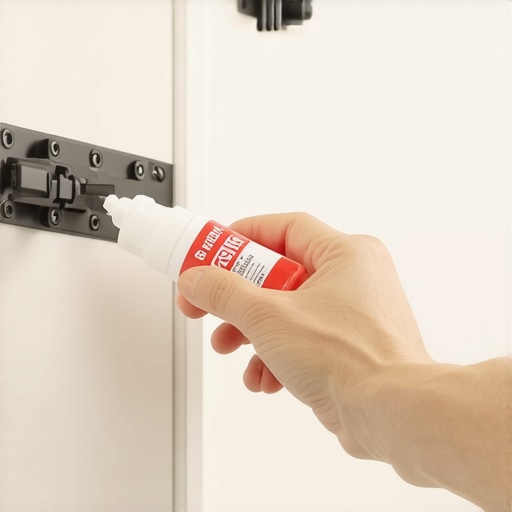 A hand lubricating cabinet hinges with silicone in a sleek kitchen.