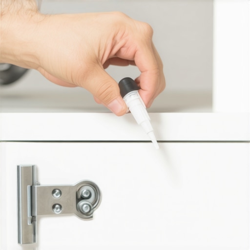 Maintaining Cabinets with Lubricant Person applying silicone lubricant to hinges in a kitchen for maintenance