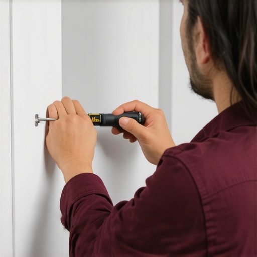 Person tightening cabinet hinges with screwdriver in a modern kitchen.