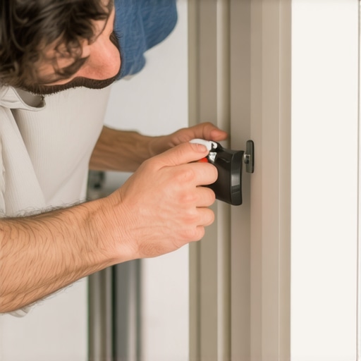 Close-up image of a hand applying silicone lubricant to cabinet hinge in a sleek kitchen.