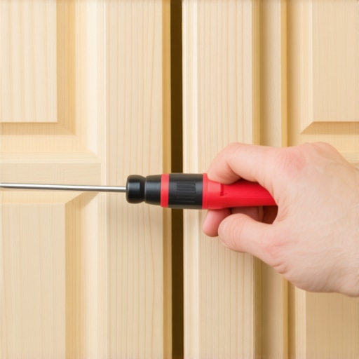 Handserting a screwdriver into cabinet hinge with lubricant for maintenance.