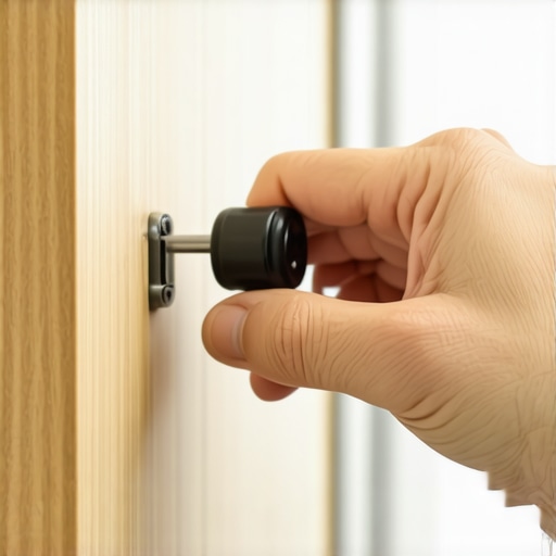 A hand tightening a cabinet hinge in a sleek kitchen setting using a screwdriver