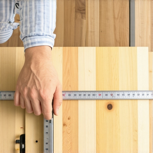 A person using a tape measure and saw to prepare a wooden board for installation in a kitchen cabinet.