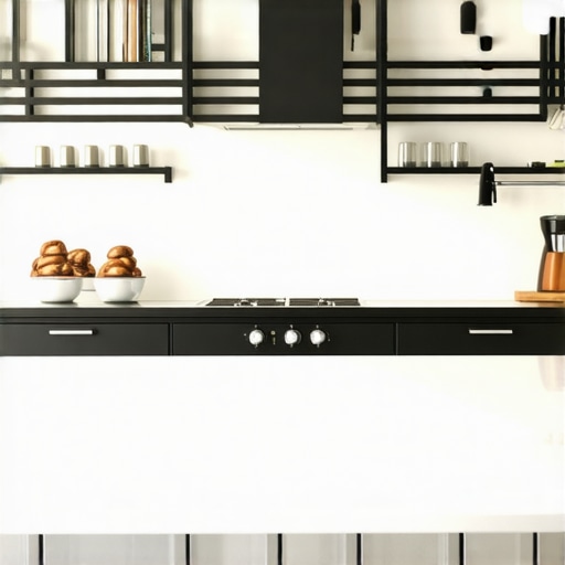 Organized Baking Station with Custom Storage A sleek kitchen island setup featuring dedicated baking storage, labeled jars, and good lighting.