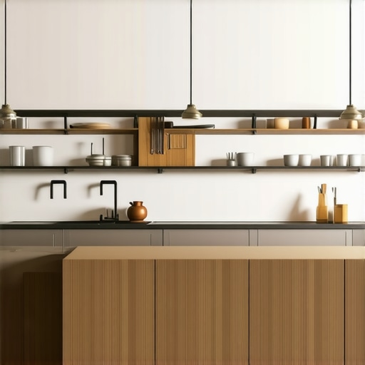 A sleek, modern kitchen showcasing custom cabinets and built-in storage features.