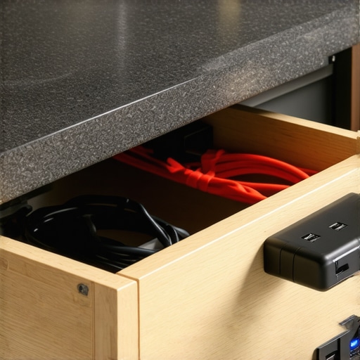 A sleek, built-in kitchen drawer with integrated cable management and charging ports for devices.