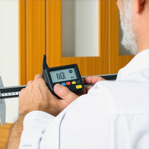 Homeowner measuring cabinet hinge with a digital caliper in a sleek kitchen