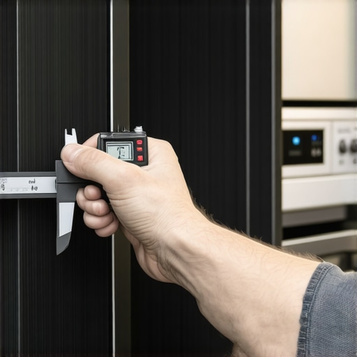 Measuring kitchen cabinet handle spacing with a digital caliper for perfect alignment.