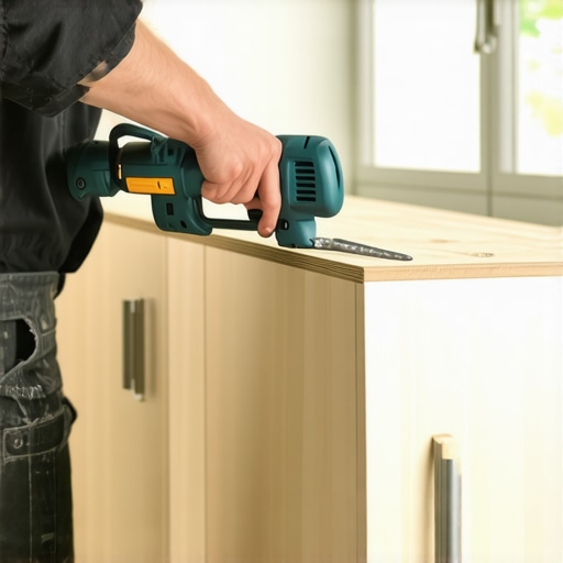 A hand holding an oscillating multi-tool working on custom kitchen cabinets