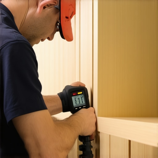 Craftsman using a digital torque wrench on kitchen cabinets to ensure proper support and longevity.