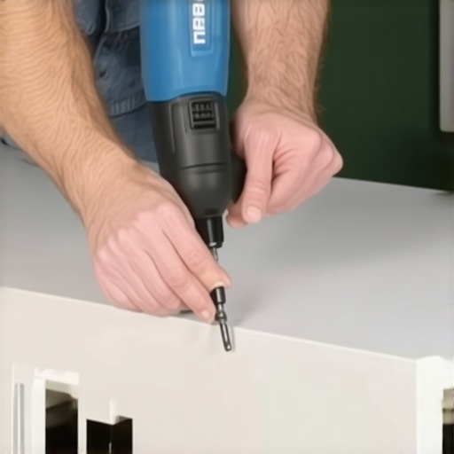 Hand using Dremel Multi-Max to clean detailed cabinet corner
