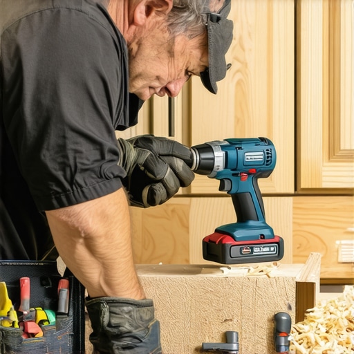 Precision Tools for Durable Cabinets A craftsman carefully assembling kitchen cabinets with a impact driver and specialized clamps.