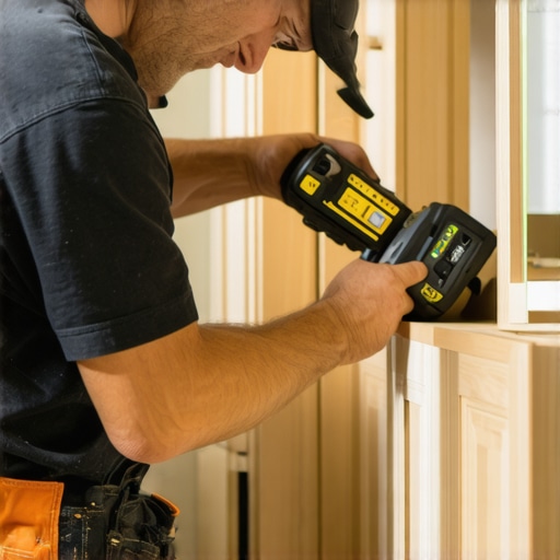 A hand using a digital level and multi-tool on wood cabinets