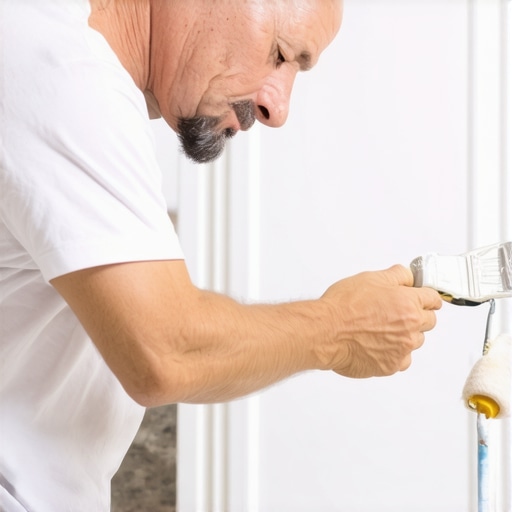Close-up of a painter applying paint to kitchen cabinets with a foam roller