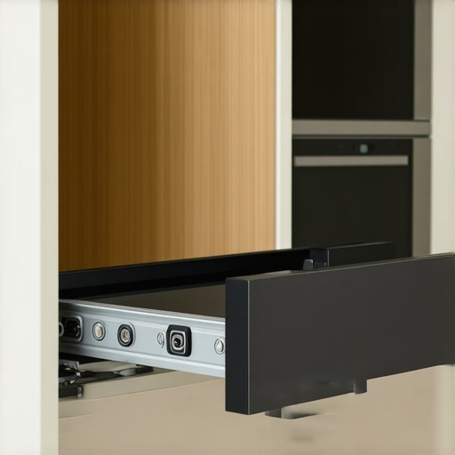 Close-up of a kitchen cabinet with a hidden pull-out step stool smoothly extended, supporting safe reaching.