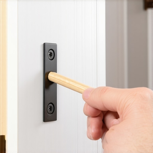 Person repairing cabinet hinge with wooden peg in damaged screw hole