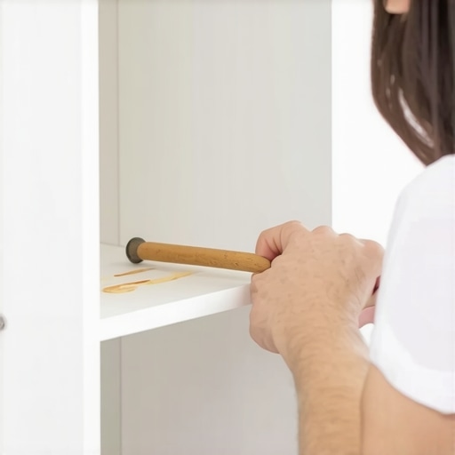 Person fixing a loose cabinet hinge with dowel and glue