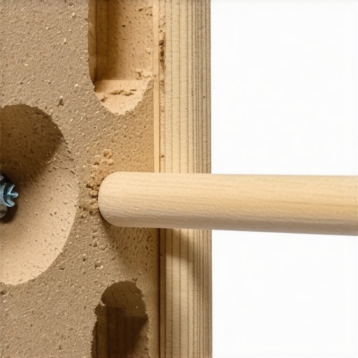 A hand inserting a wooden dowel into a damaged particle board screw hole for reinforcement.