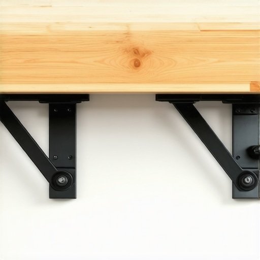 Close-up of steel brackets attached under a kitchen countertop, showing proper mounting to wall studs