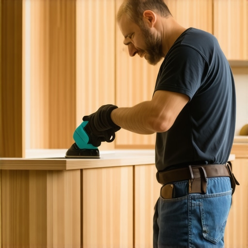 A craftsman with a cordless electric sander shaping cabinet surfaces in a kitchen setting