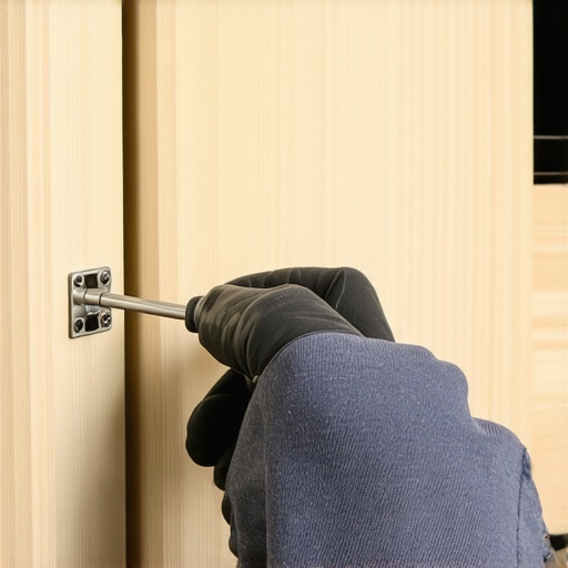 Person tightening cabinet hinges with a magnetic-tip screwdriver