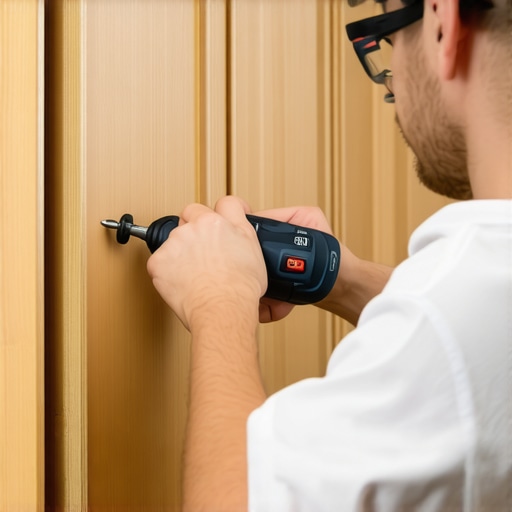 Using a Precision Torque Screwdriver for Cabinet Maintenance A hand adjusting cabinet hinges with a torque screwdriver in a kitchen workshop