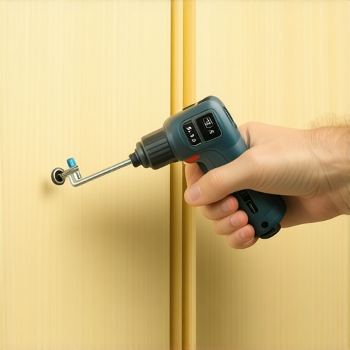 Person adjusting cabinet hinge with a digital torque screwdriver for proper tightness.