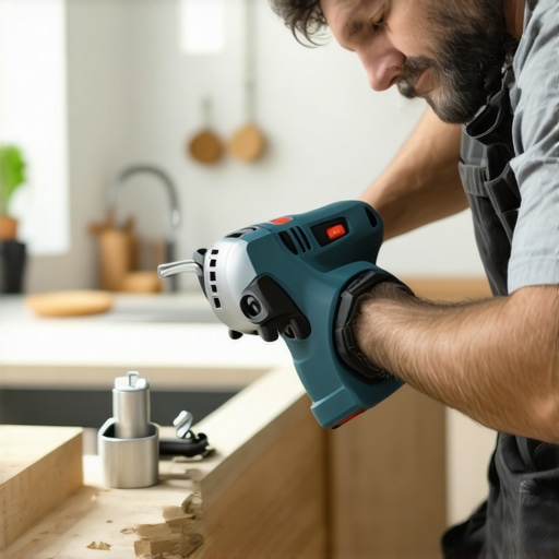 A person holding a cordless multi-tool repairing kitchen cabinetry.